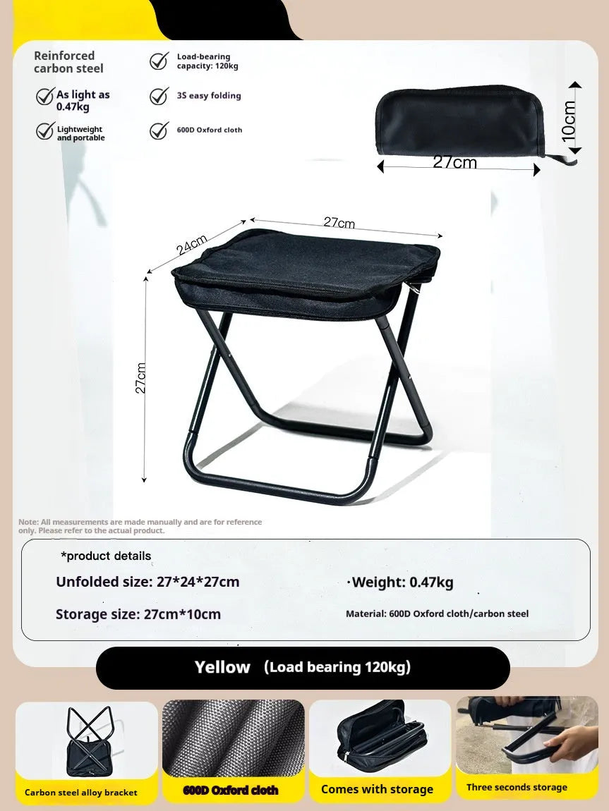 Outdoor foldable camp chair stool in Oxford fabric shown in khaki colour, folded in pencil box shape.