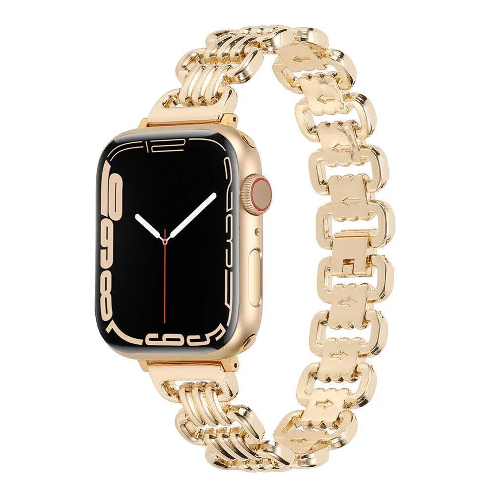 Silver alloy metal replacement bracelet strap for Apple Watch on a table.