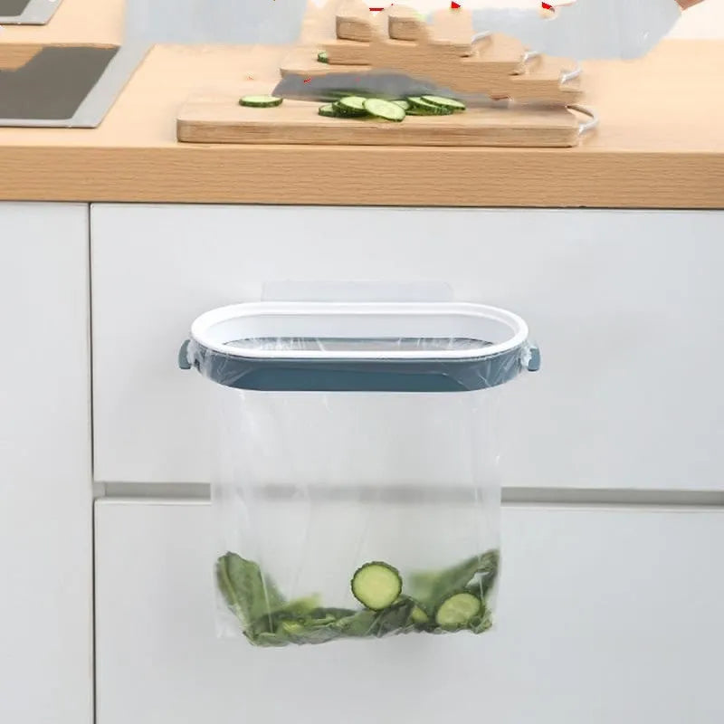 Blue plastic kitchen garbage bag storage rack for under-sink organisation