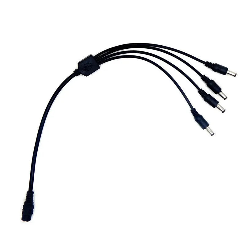 Black 12V monitoring power cord with DC one-in-four interface for security cameras, 0.39m length with 5.5mm connectors