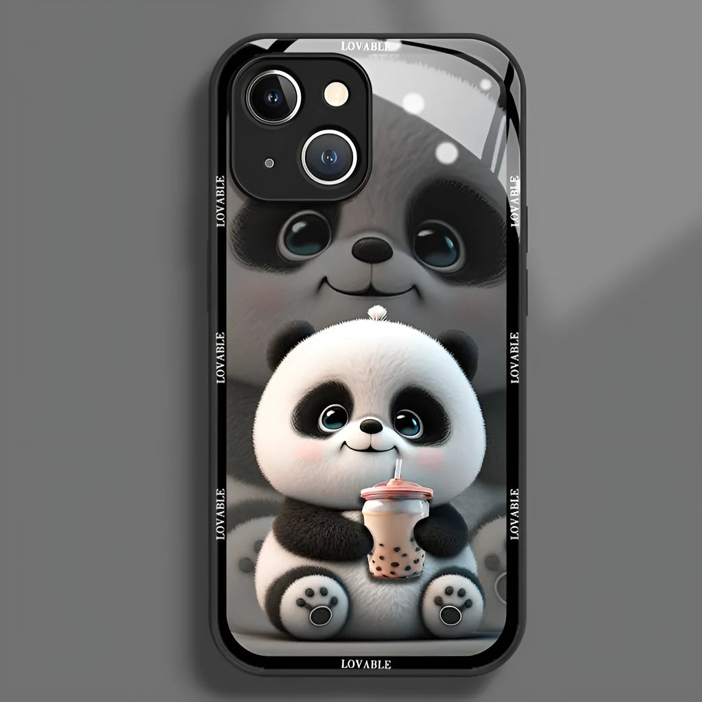 Glass liquid silicone phone case with panda design for iPhone, black and white colour options