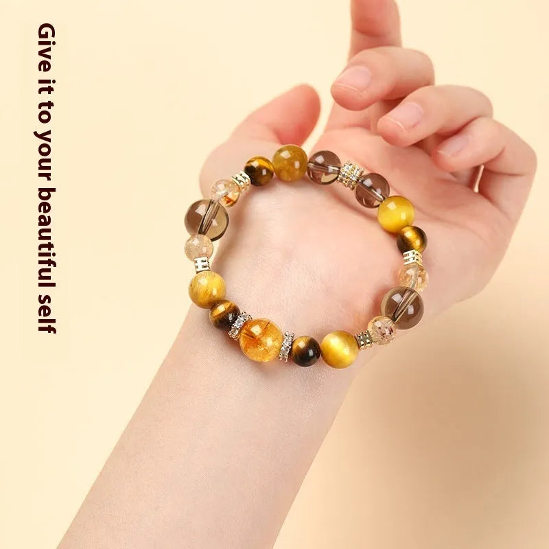 Natural tiger-eye crystal bracelet with geometric yellow beads in 10mm size