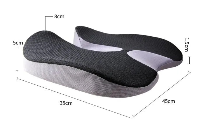 Curved wedge seat cushion for tailbone support in car, shown in beige colour with memory foam interior