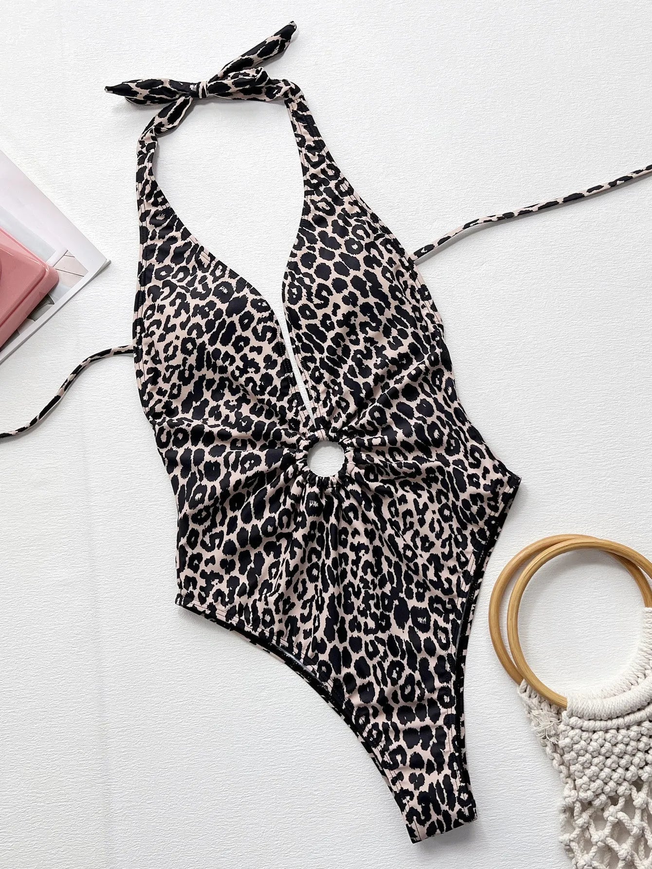 Women's leopard print one-piece swimsuit with hollow-out ring design detail on front