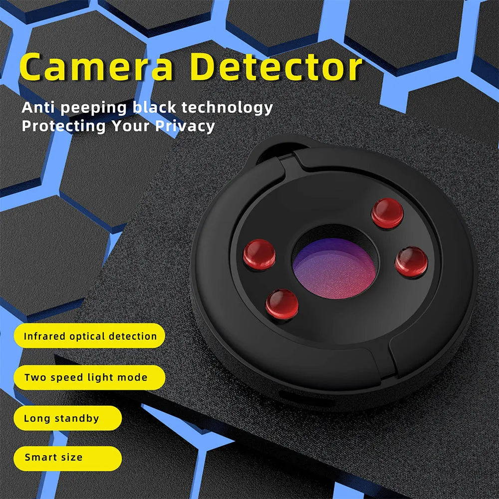 Compact minimalist infrared camera detector for finding hidden spy cameras up to 5 metres away.