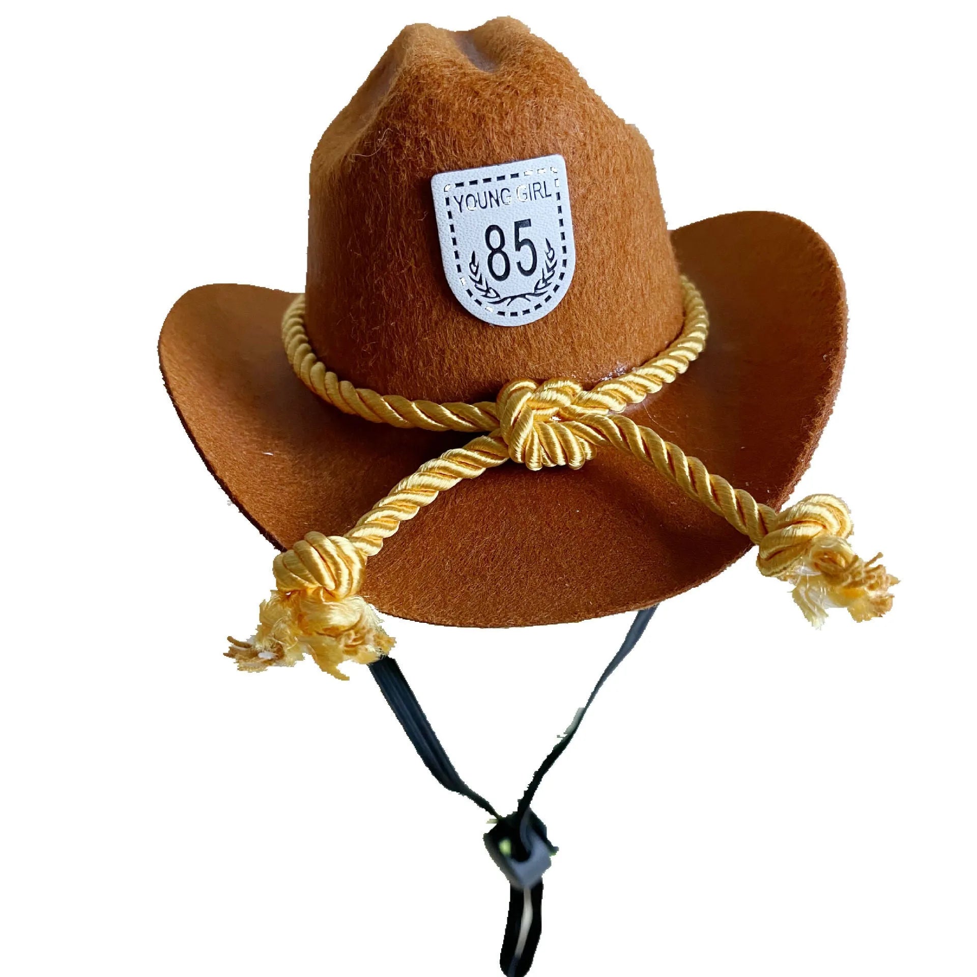 British-style brown cowboy hat for a cat with a black ribbon trim.