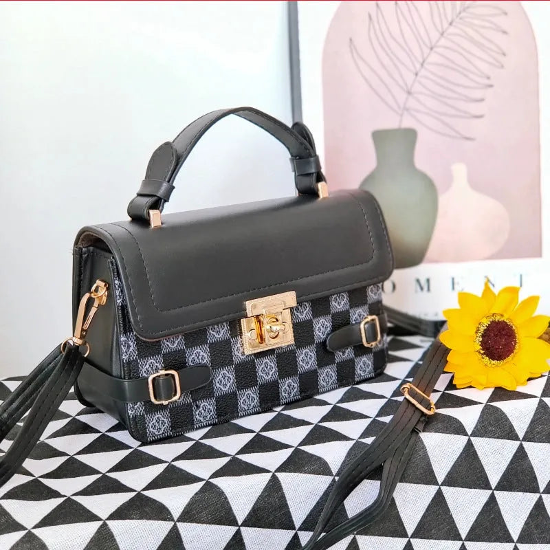 Structured small square PU crossbody bag in apricot with a retro pattern and file compartment.