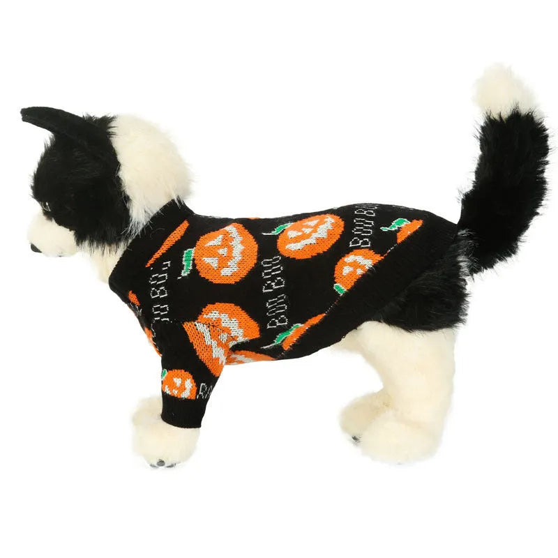 Black dog sweater with orange pumpkin pattern for Halloween pet costume