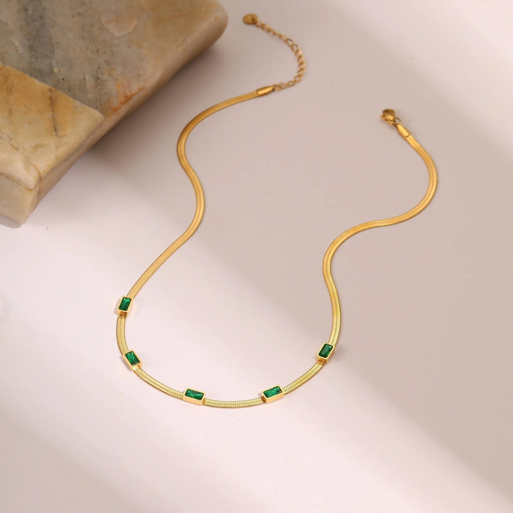 Retro geometric square zircon necklace with stainless steel chain and electroplated finish