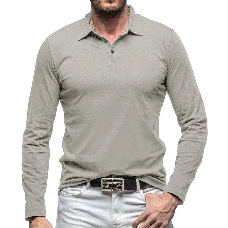Men's dark grey cotton long sleeve T-shirt with a polo collar laid flat.