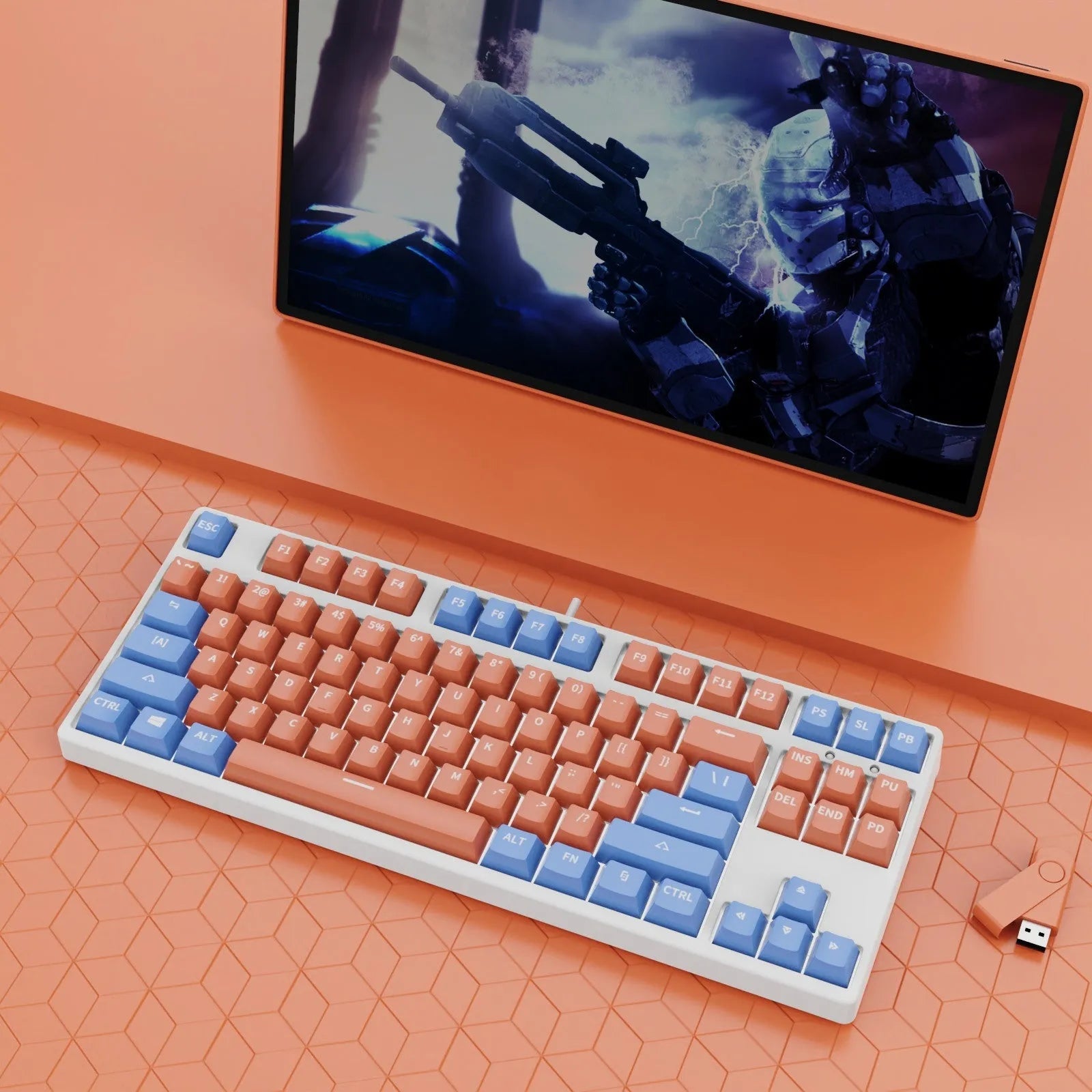 87-key wired mechanical keyboard with two-tone keycaps, shown with switch puller and cleaning brush