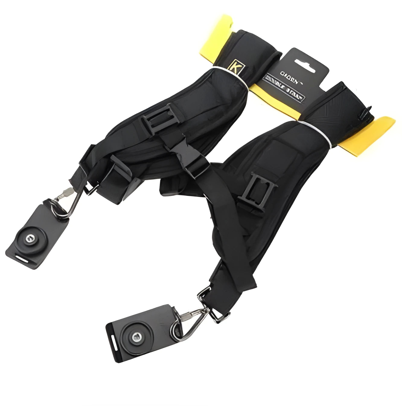 Black professional dual SLR camera shoulder strap with thick padding, shown holding two cameras.