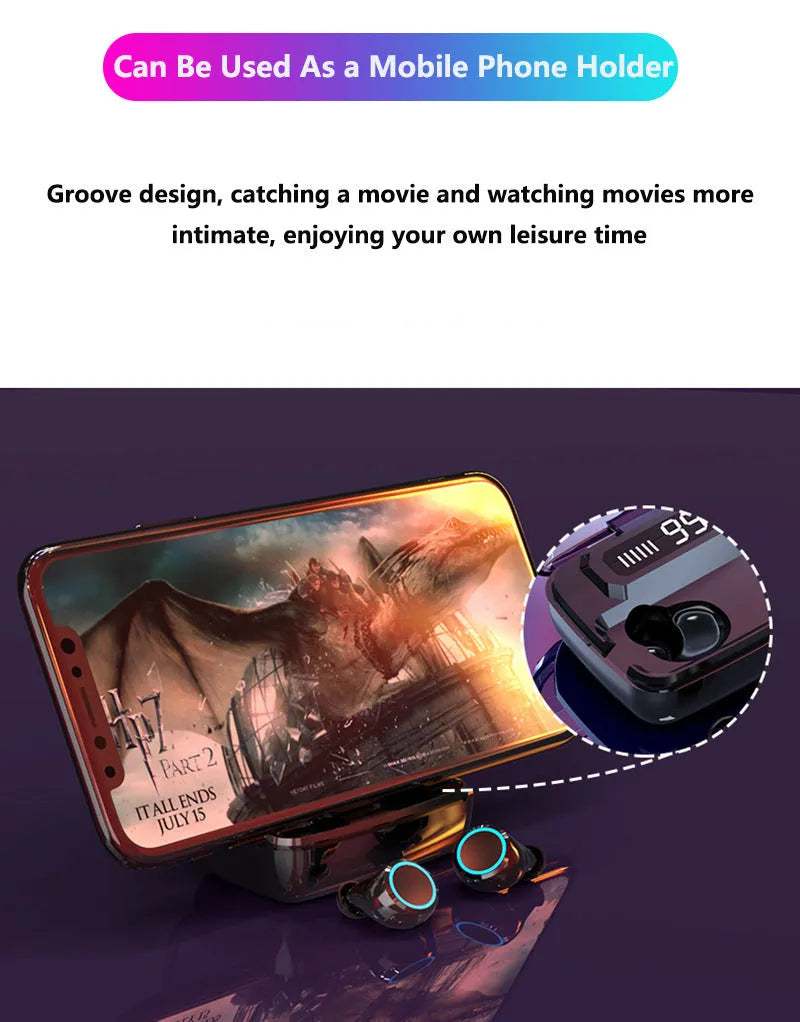 Black M11 style Bluetooth wireless headset with digital display, showing charging case with integrated mobile phone holder.