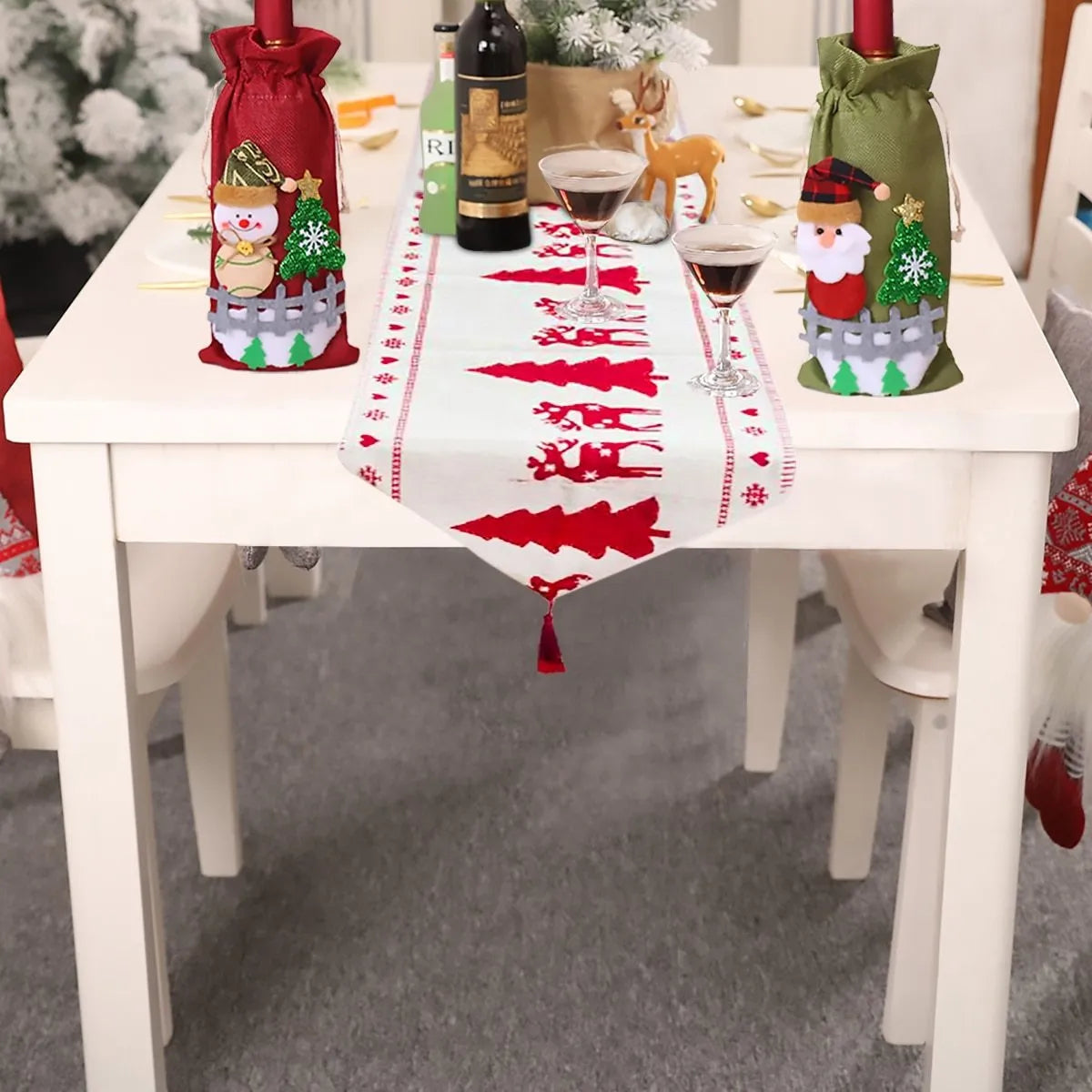 Christmas table runner with elk and snowman pattern on cotton linen fabric