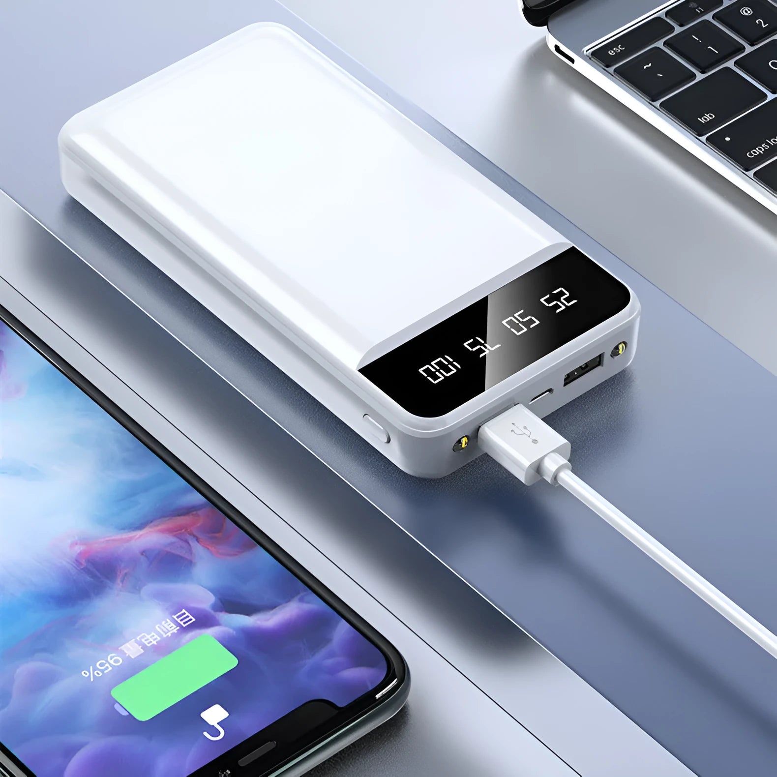 20000 mAh polymer power bank with multiple USB ports in black white pink blue colours