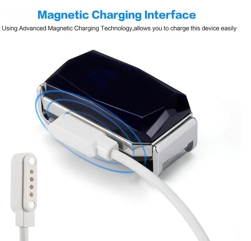 Blue 2G GPS pet tracker on a table with charging cable and hanging rope
