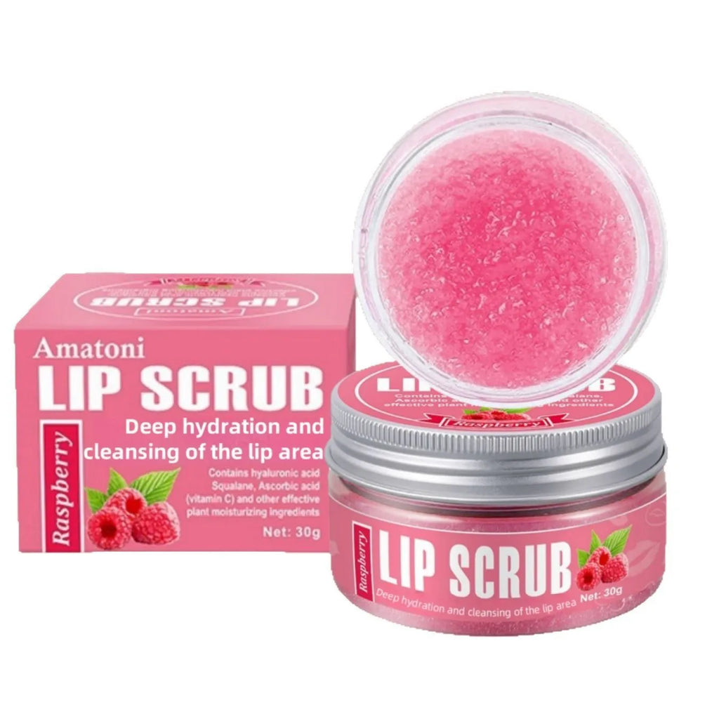 Amatoni fruit flavour lip scrub cream jar in choice of Coconut, Raspberry, Vanilla, or Watermelon, 30g.