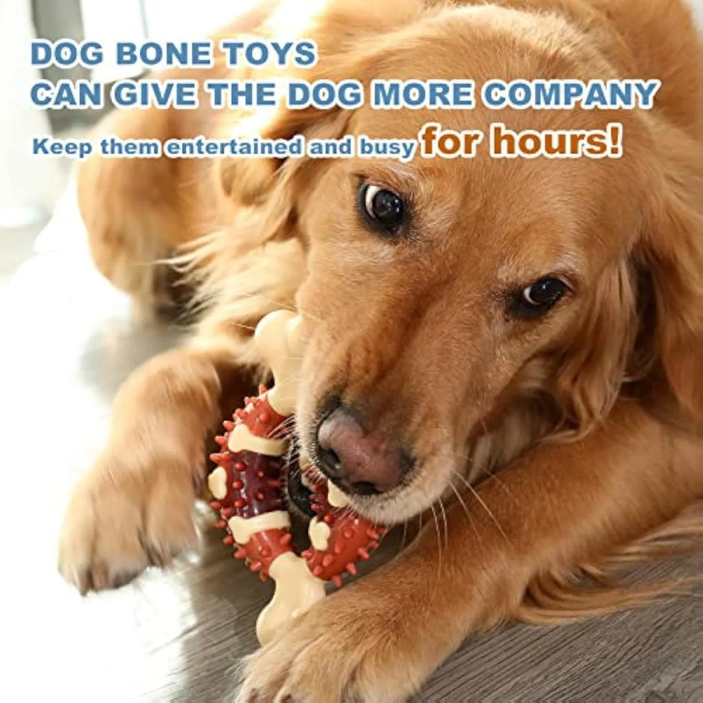 Natural rubber bone-shaped dog chew toy for teeth grinding, shown in large and small sizes.