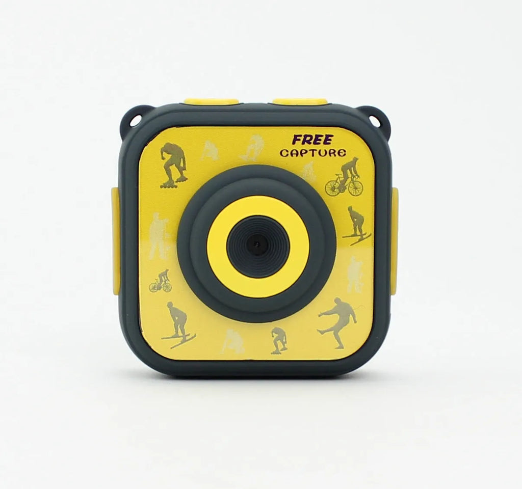 Yellow children's waterproof sports camera with 1.77-inch screen showing 720p HD video recording capability