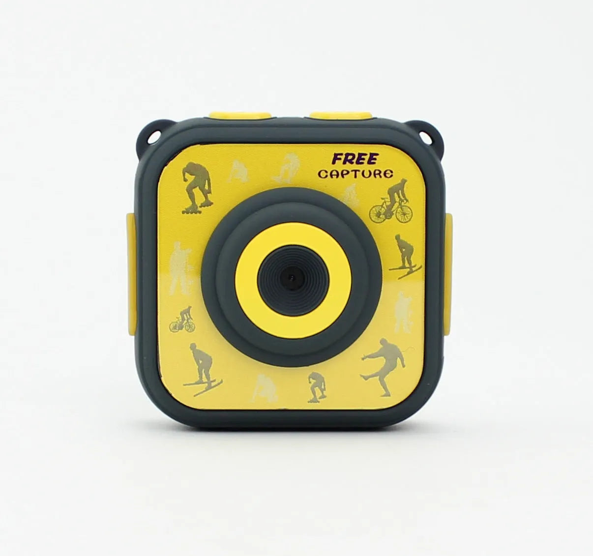 Yellow children's waterproof sports camera with 1.77-inch screen showing 720p HD video recording capability