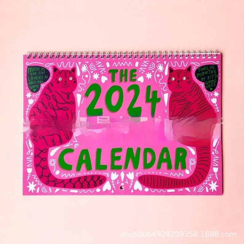 A3 landscape paper wall calendar with cat illustrations for 2024 or 2025