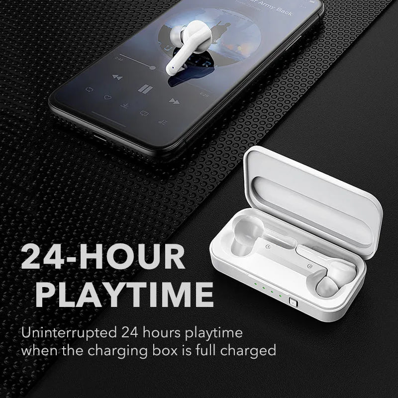 Black and white true wireless stereo earbuds with a charging case on a table