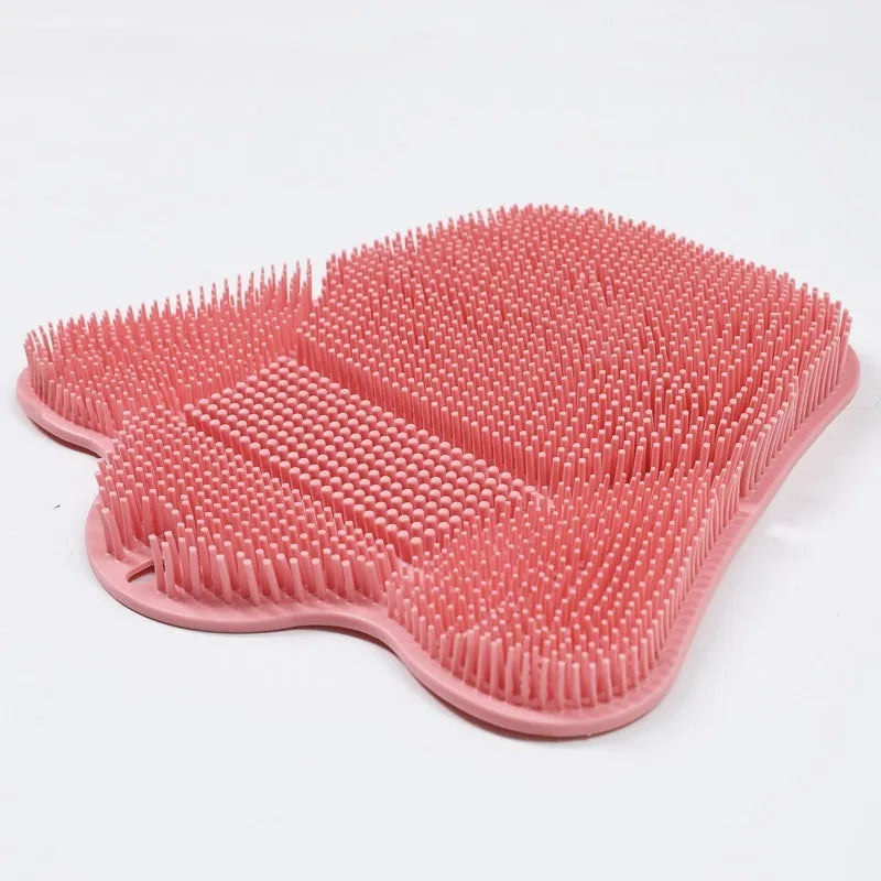 Silicone bath brush massage mat measuring 31cm by 32cm in blue, grey, and pink colour options