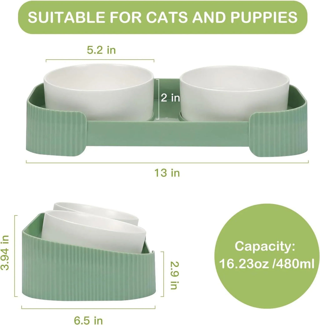 Green ceramic raised cat feeding bowls set with tilted design on a non-slip stand