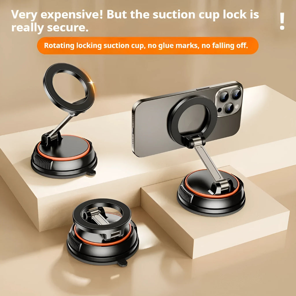 Foldable adjustable magnetic metal car phone holder for dashboard, black orange colour, X70 model, folded view showing compact size