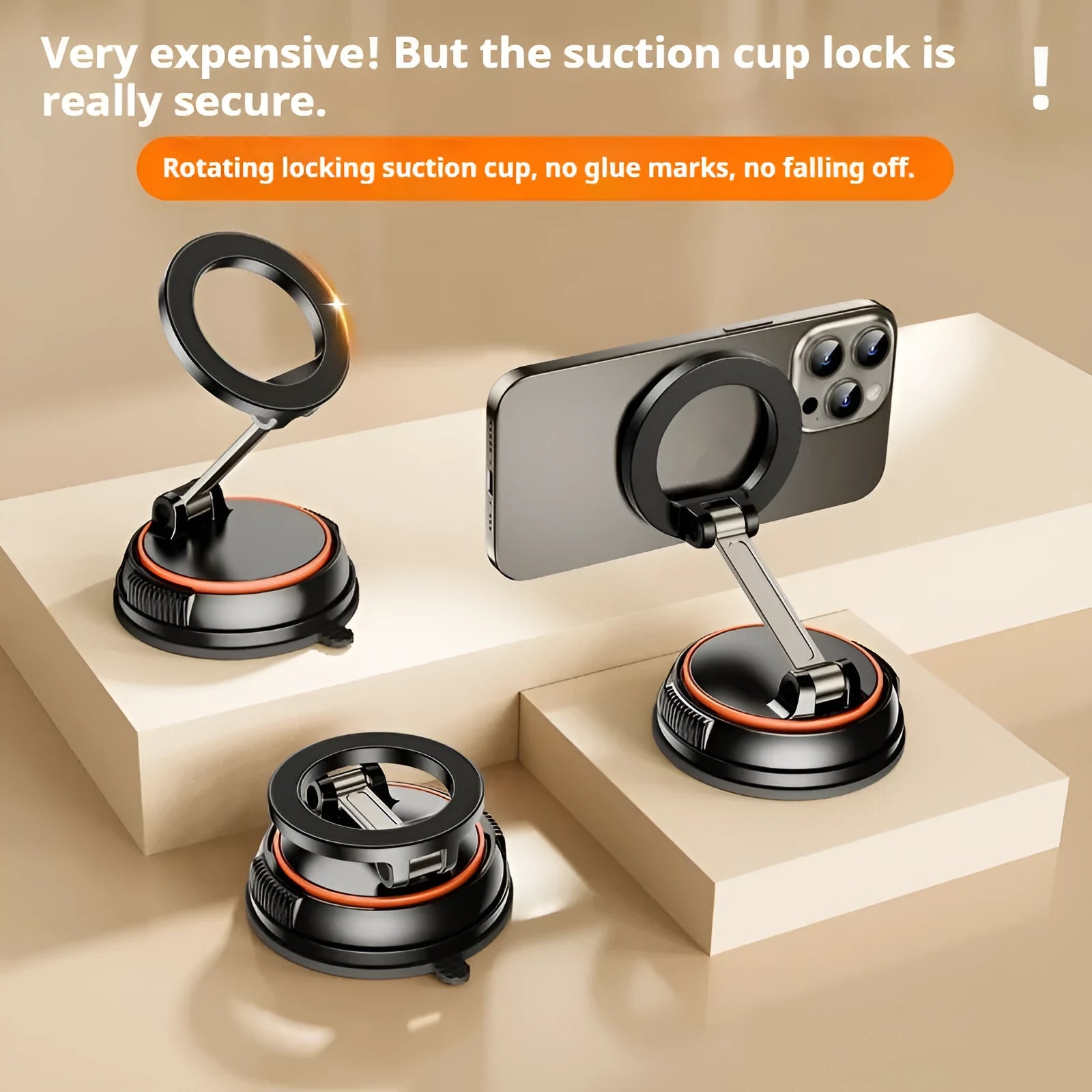 Foldable adjustable magnetic metal car phone holder for dashboard, black orange colour, X70 model, folded view showing compact size