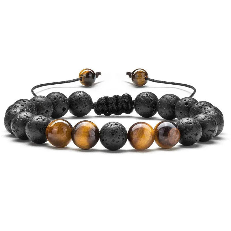 Geometric agate couple bracelets in tiger eye and matte black beads.