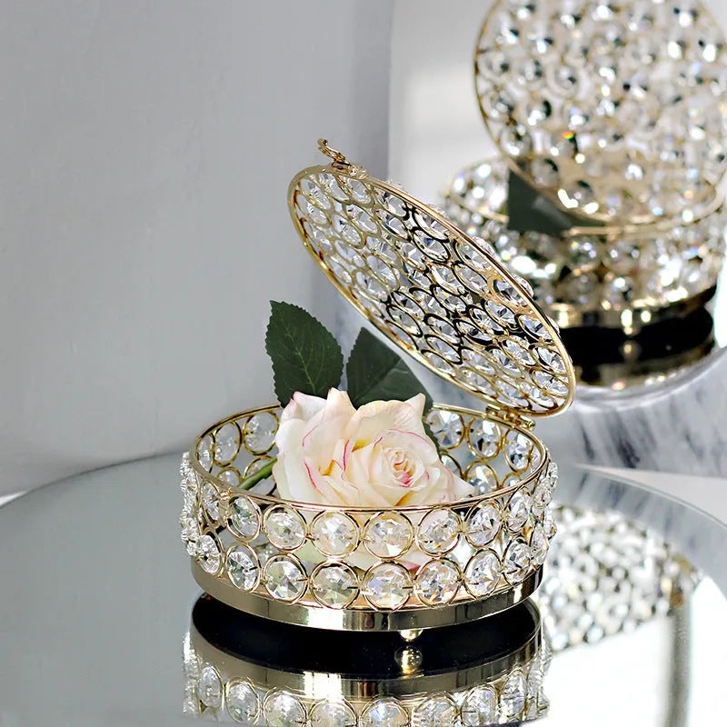 European-style French gold iron jewelry box with a transparent crystal glass lid.