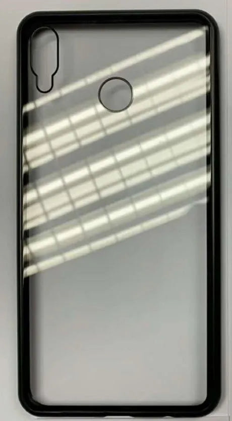 Black magnetic phone case with metal frame and glass back for Huawei smartphones.