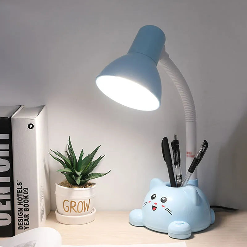 220V socket-powered LED desk lamp in blue or pink for dormitory, home office, and reading use with EU UK US plug options
