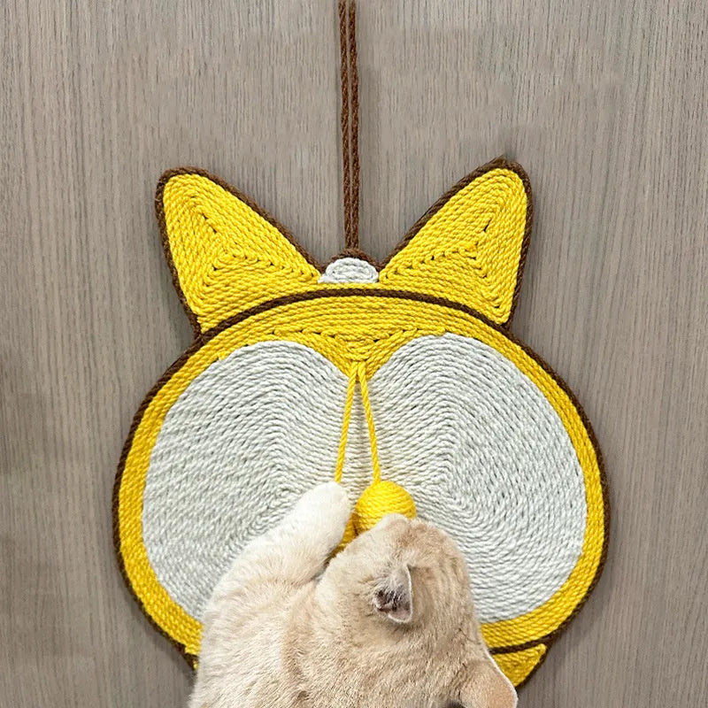 Yellow Corgi design sisal cat scratching board with anti-slip base and adhesive hooks