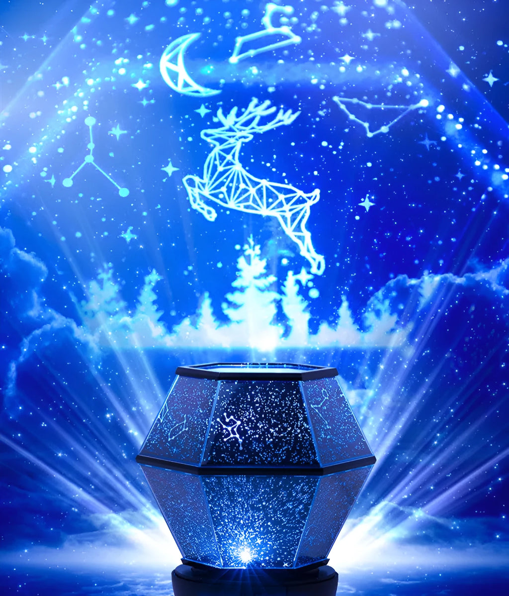 Children's rotating stars LED night light showing star projection effects in bedroom setting