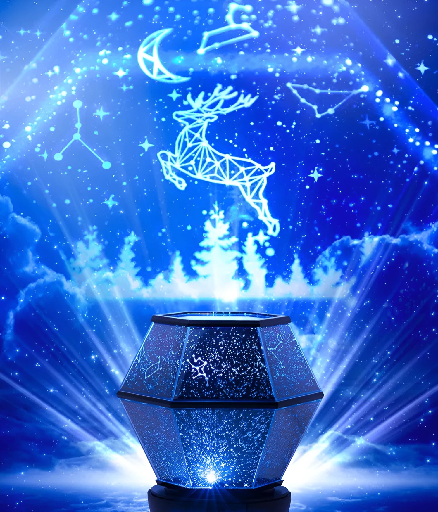 Children's rotating stars LED night light showing star projection effects in bedroom setting