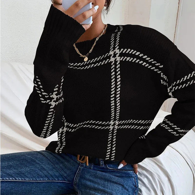 Women's plaid colour-block crew neck acrylic pullover sweater in loose fit