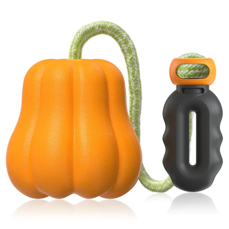 Orange Bite Molar plastic dog toy with rope, shown on grass for outdoor use.
