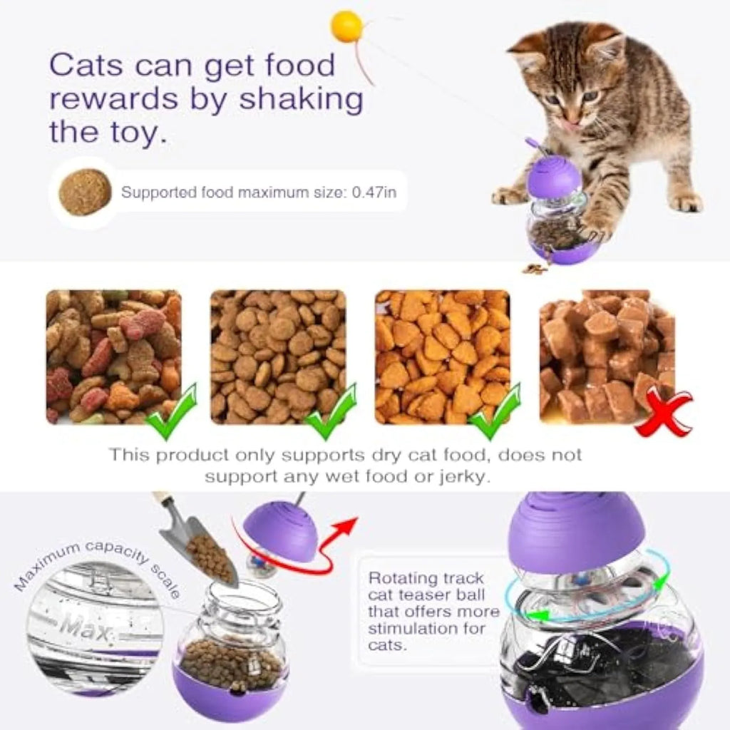 Electric yellow interactive cat toy with rocking base, teaser wand, and slow feeder dispenser