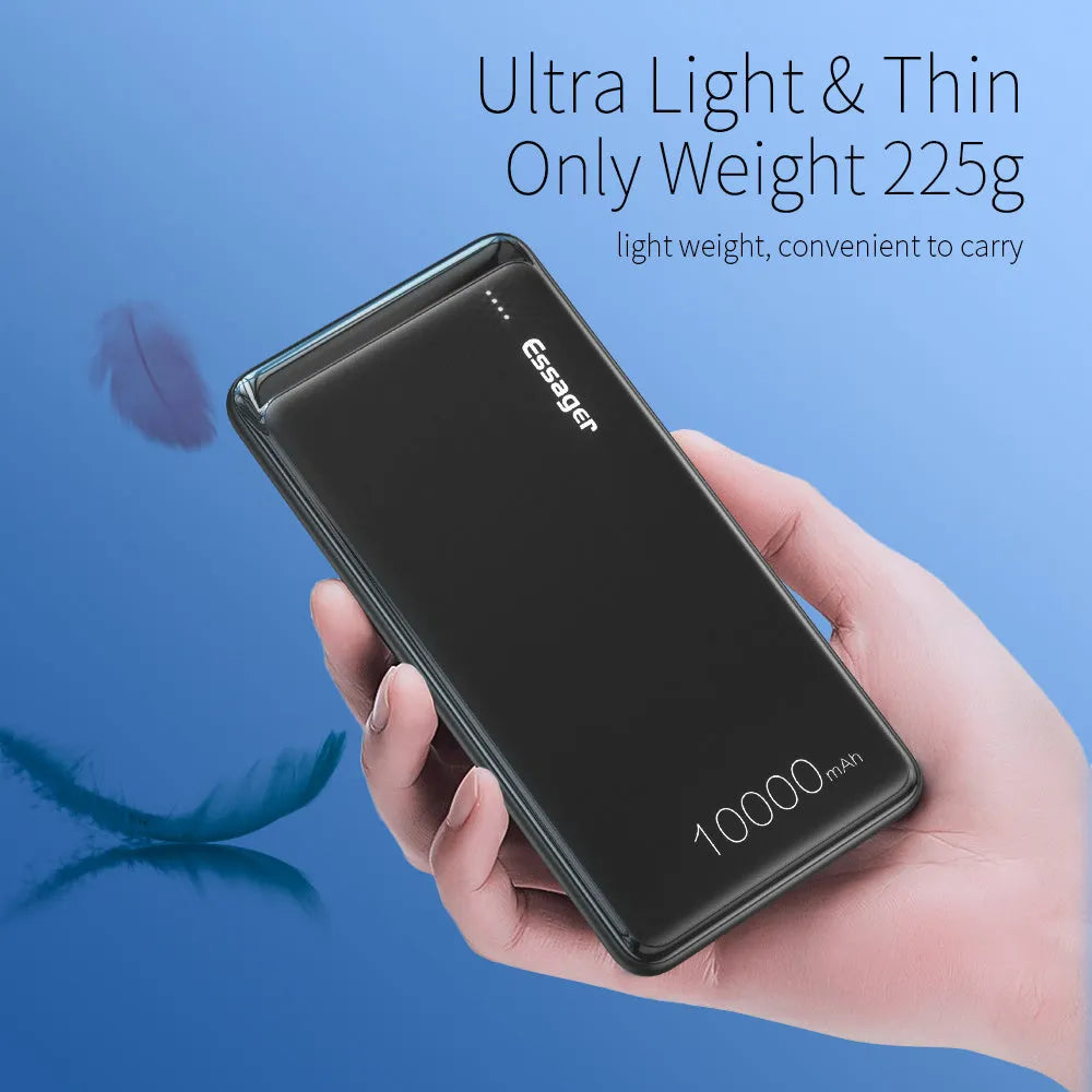 Essager Small Jane black and white 10000mAh portable power bank showing dual USB ports and LED indicator lights.