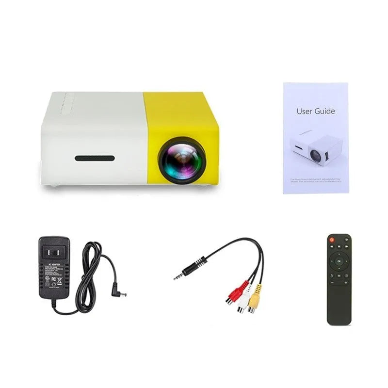 Yellow 1080p LED mini projector YG-300 with HDMI, USB, and TF card slots for portable home cinema