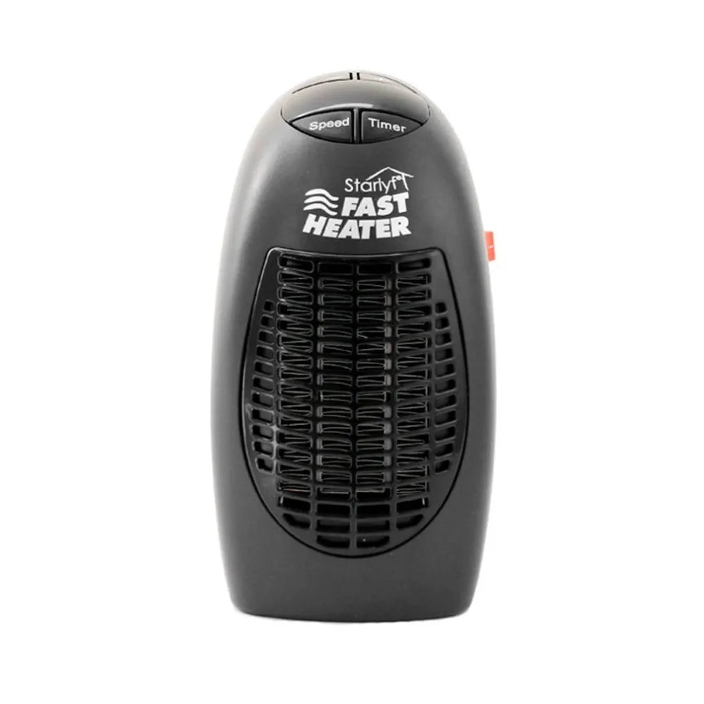 Black mini ceramic electric heater with digital display and a rotating three-prong plug.