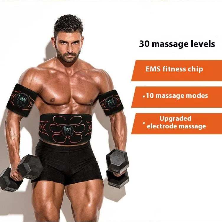 Silicone EMS belly shaping belt with muscle stimulator and hand and foot straps on orange background