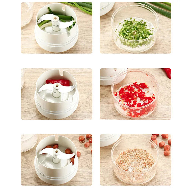 Compact manual food chopper with stainless steel blades for chopping vegetables, garlic, and ginger.
