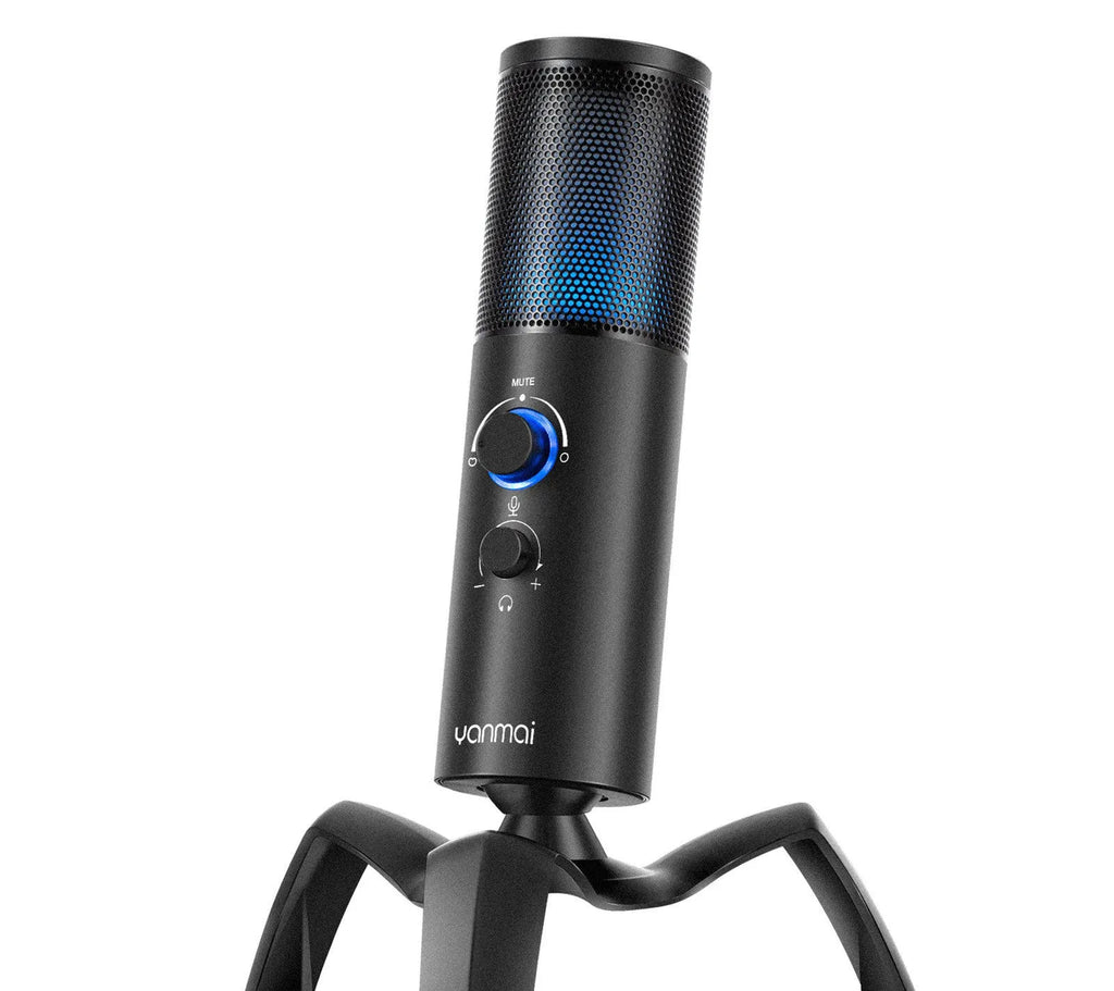 Black Q18 USB condenser microphone with RGB lighting on an adjustable metal tripod stand.