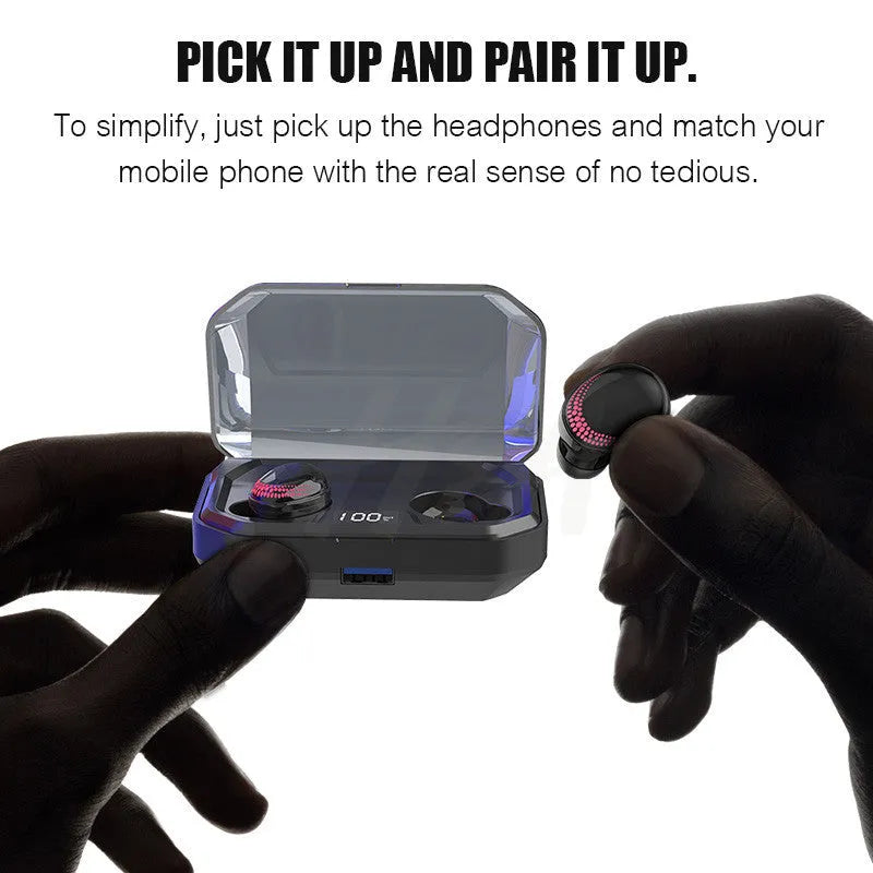 Black X10 wireless Bluetooth headset with charging case, showing earpieces.