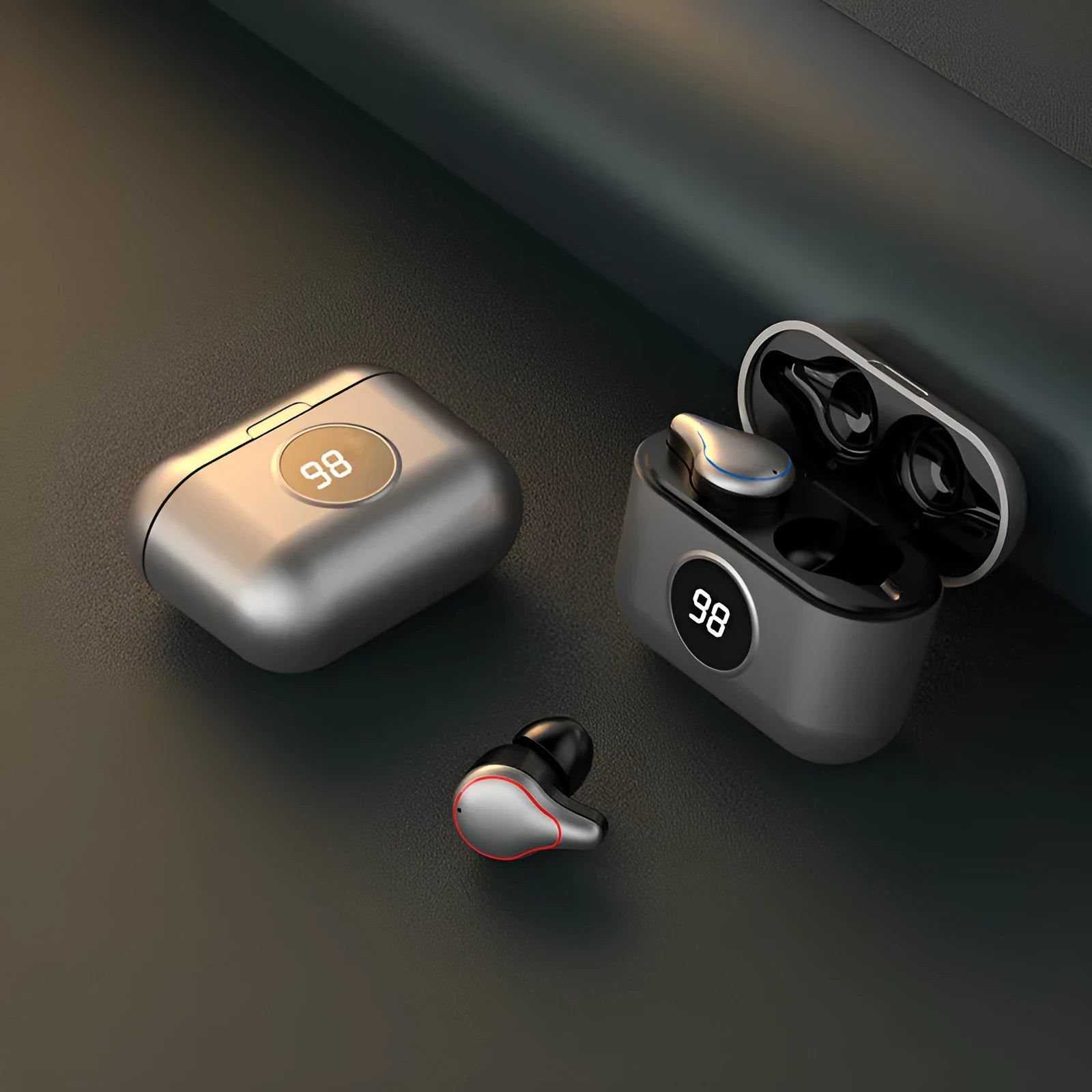 Black and Blue in-ear Bluetooth stereo headset for wireless listening.