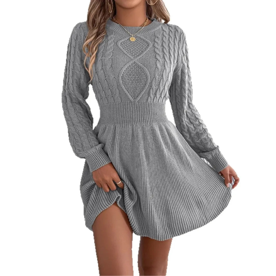 Artificial fur fabric sweater dress with lantern sleeves and elastic waist in wine red colour