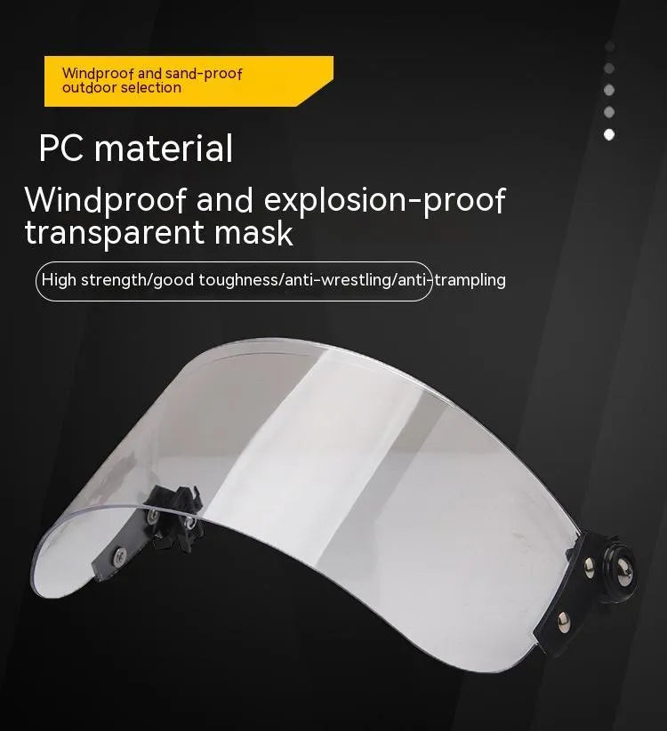 Transparent polycarbonate helmet mask with guide rail for attachment, showing semi-rimless sports design.